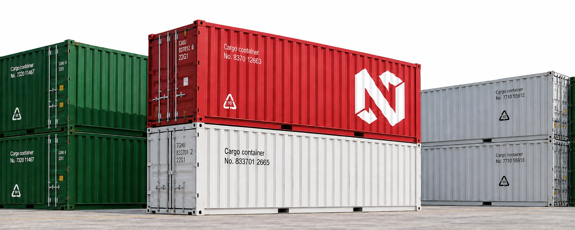 Stacked cargo containers in a yard, one bearing the Nazrene Logistics logo