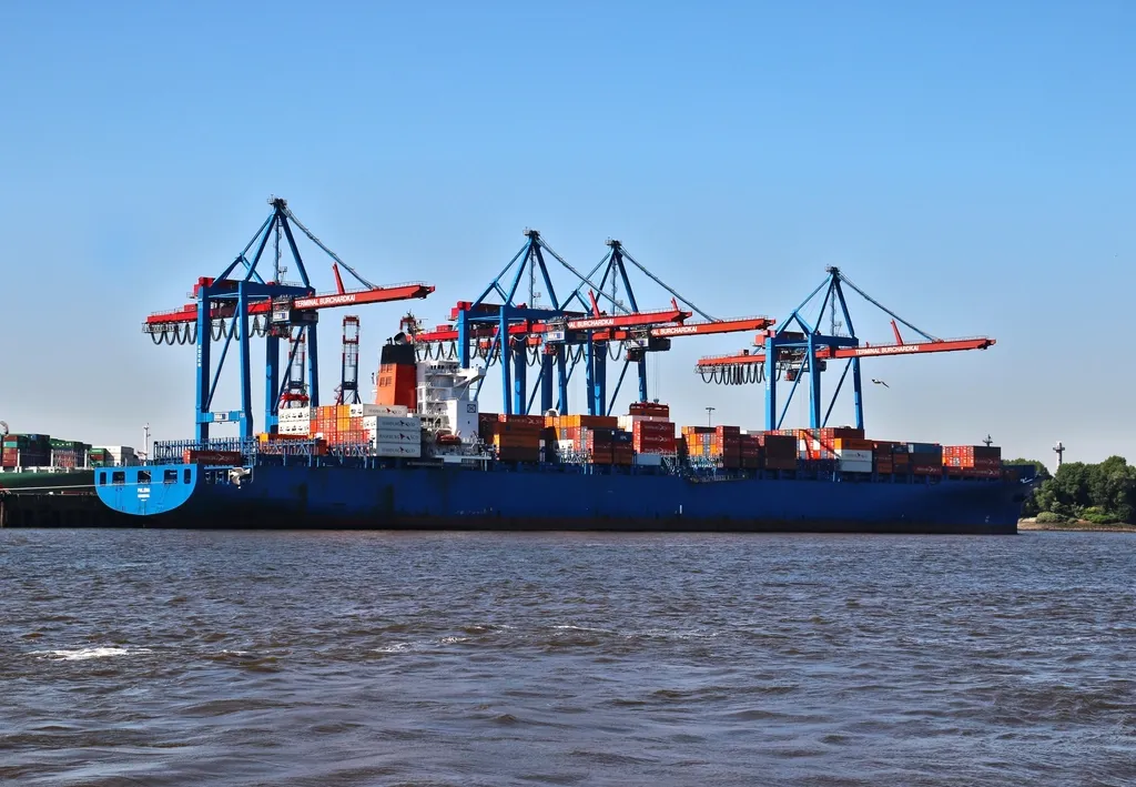 Container ship berthed under gantry cranes at a container terminal